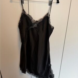 Black Lace Trim Satin Slip Shirt with Tie